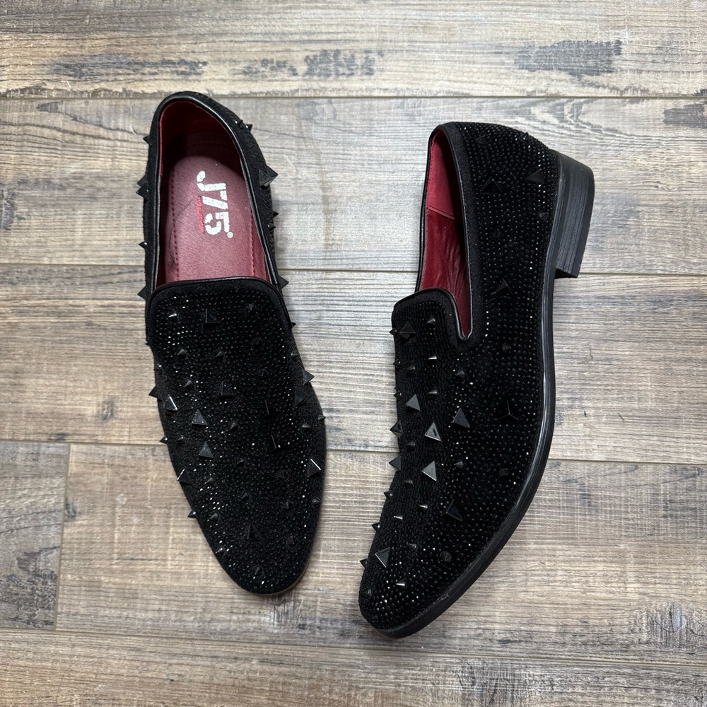 J75 Men's Black Studded Slip On Loafers